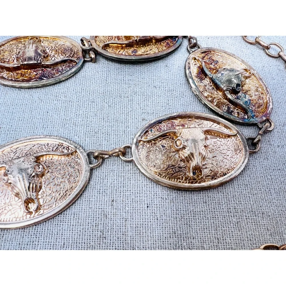 Vintage Western Longhorn Steer Skull Concho Chain Belt Gold Iridescent Patina